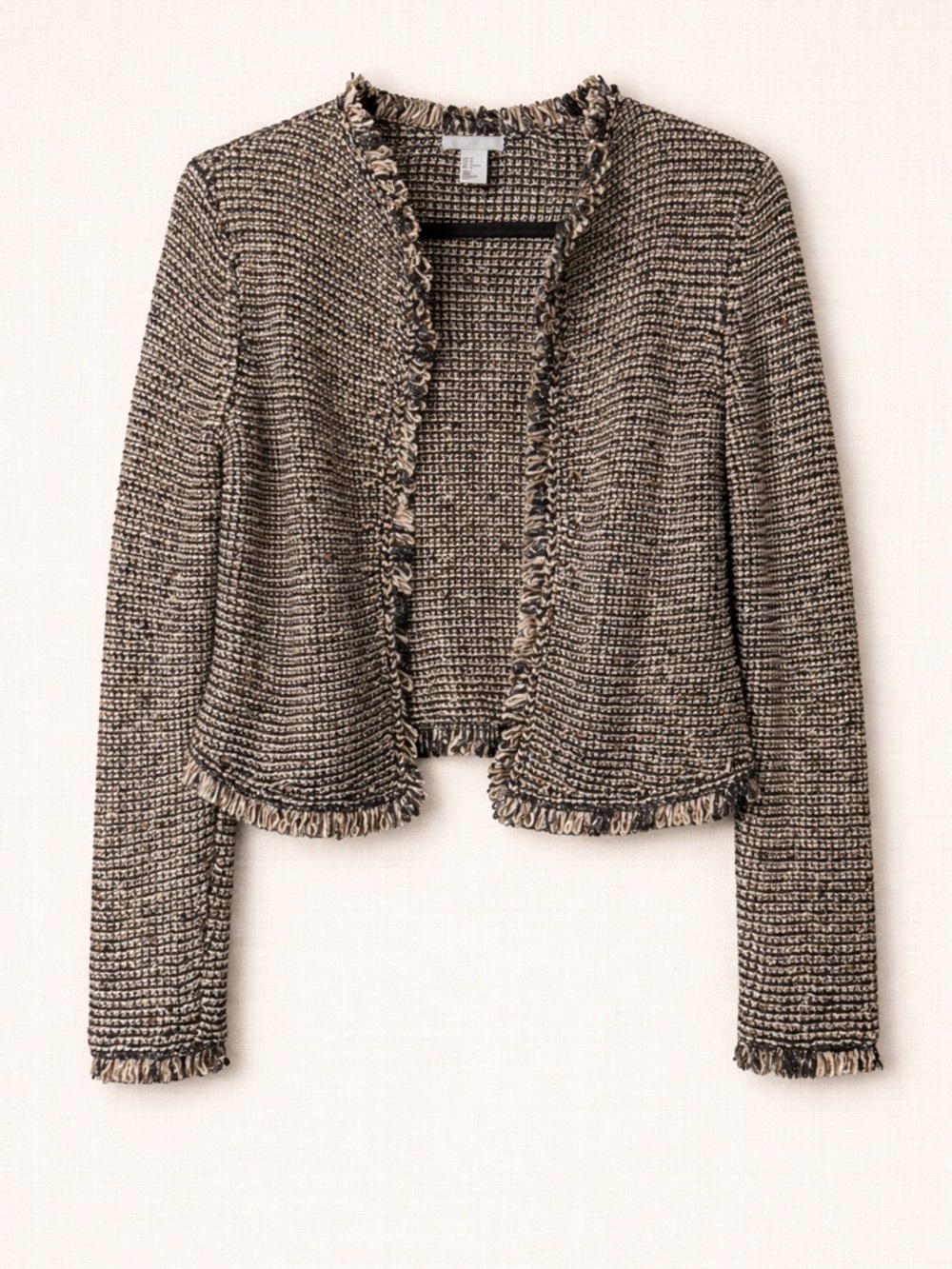 H&M Tweed Fringe Open-Front Jacket in Black and Cream